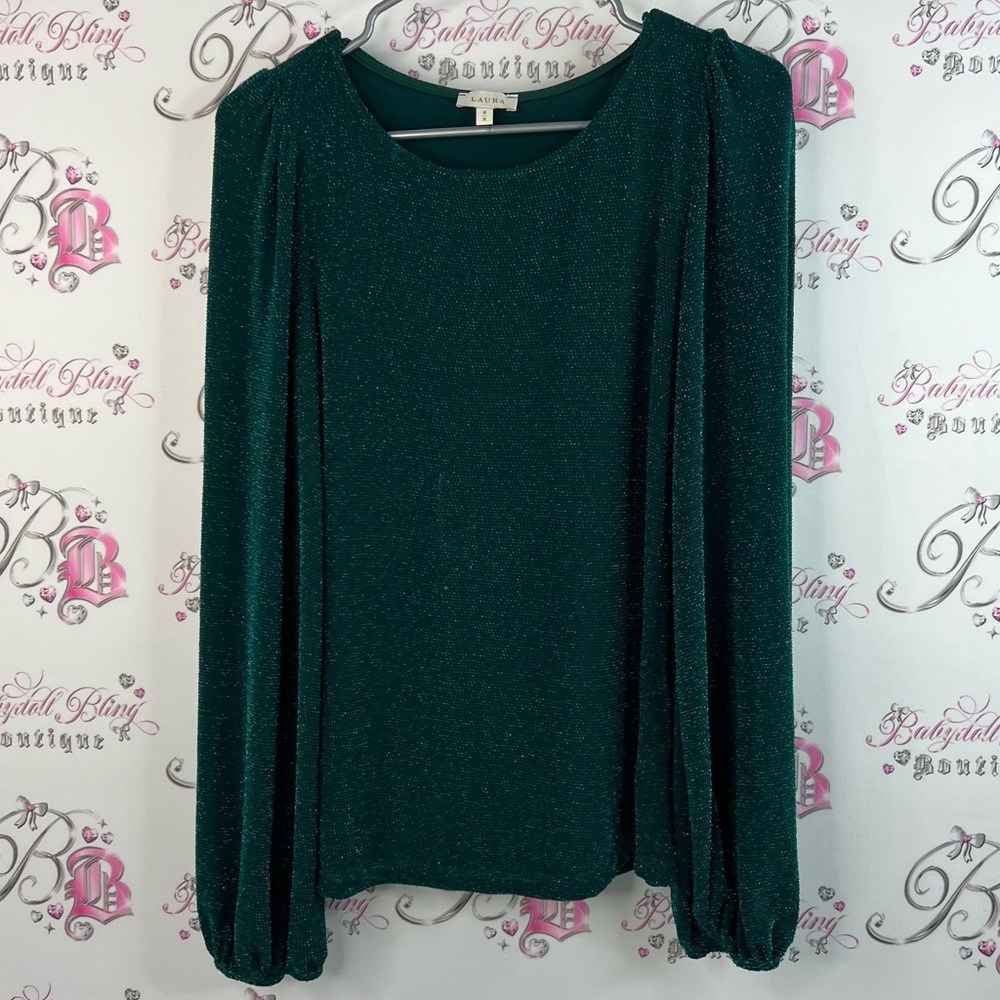 Laura top sparkling long glitter Elegant Green shirt puff shoulder bubble sleeve
